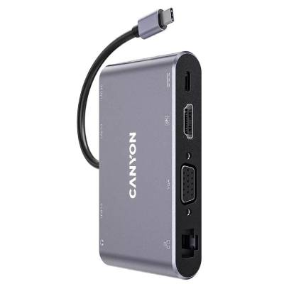 Docking usb tipo-c canyon cns-tds14/ 1xvga/ 1xhdmi/ 3xusb/ 1xrj45/ 1xjack/ 1xusb tipo-c pd/ gris oscuro
