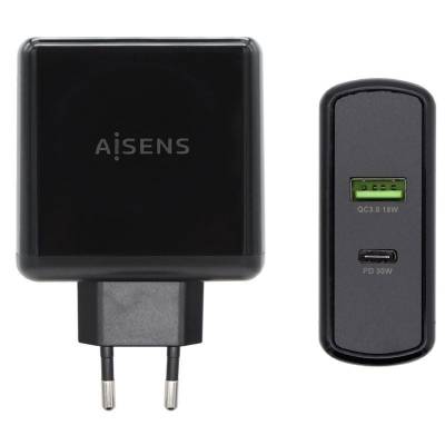 Cargador de pared aisens asch-2pd30qc-bk/ 1xusb tipo-c/ 1x usb/ 48w