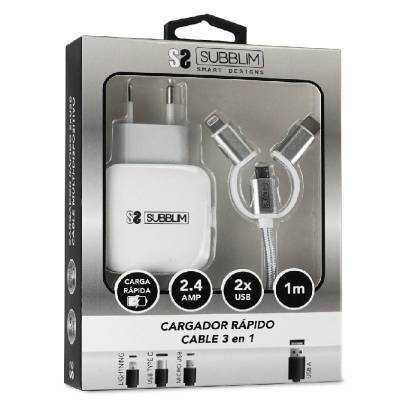 Cargador de pared subblim sub-chg-1zwc01/ 2xusb + cable 3 en 1/ 12w/ blanco