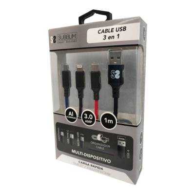 Cable usb 2.0 subblim sub-cab-3in101/ micro usb + usb tipo-c + lightning - usb macho/ 1m