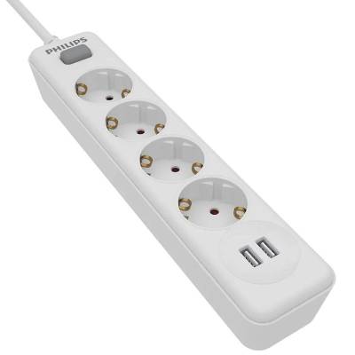 Regleta con interruptor philips spn3042wa/10/ 4 tomas de corriente/ 2 usb/ cable 2m/ blanco