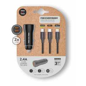 Cargador de coche tech one tech tec2810/ 2xusb + cable 3 en 1/ 12w