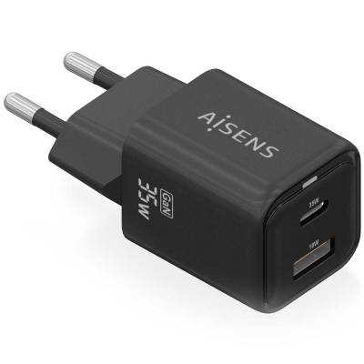 Cargador de pared gan aisens asch-35w2p025-bk/ 1xusb tipo-c/ 1xusb/ 35w