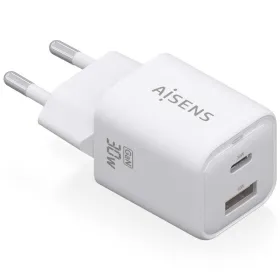 Cargador de Pared GaN Aisens ASCH-30W2P020-W/ 1xUSB Tipo-C/ 1xUSB/ 30W