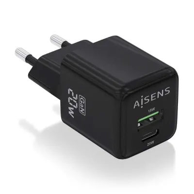 Cargador de Pared GaN Aisens ASCH-20W2P011-BK/ 1xUSB Tipo-C/ 1xUSB/ 20W