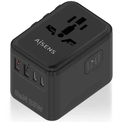 Cargador de Pared Universal GaN para Viaje Aisens ASPS-2A3C09-BK/ Toma de Corriente Universal/ 3xUSB Tipo-C/ 2xUSB/ 35W