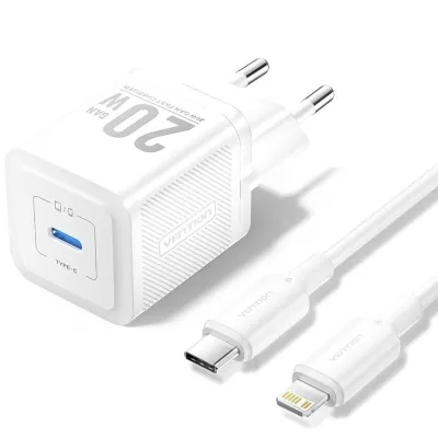 Cargador de Pared GaN Vention TZ-FEPW0-EU-02/ 1xUSB Tipo-C + Cable Lightning/ 20W
