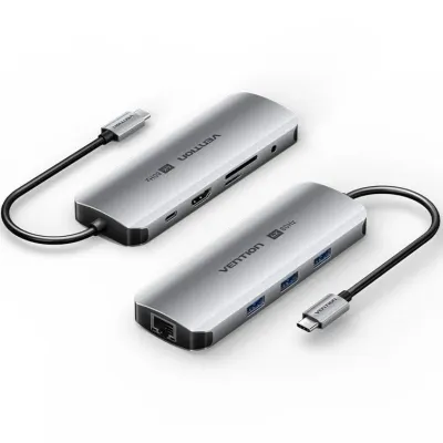 Docking USB Tipo-C Vention TQLHB/ 1xHDMI 4K/ 3xUSB/ 1xUSB Tipo-C PD/ 1xRJ45/ 1xJack 3.5mm/ 1xLector de Tarjetas/ Gris